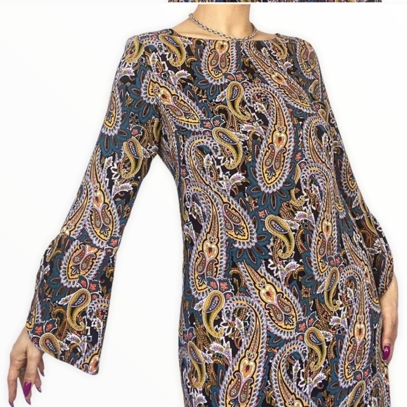 Cynthia Rowley Paisley Bell Sleeve Mini Shift Dress Size 6 - Picture 1 of 6
